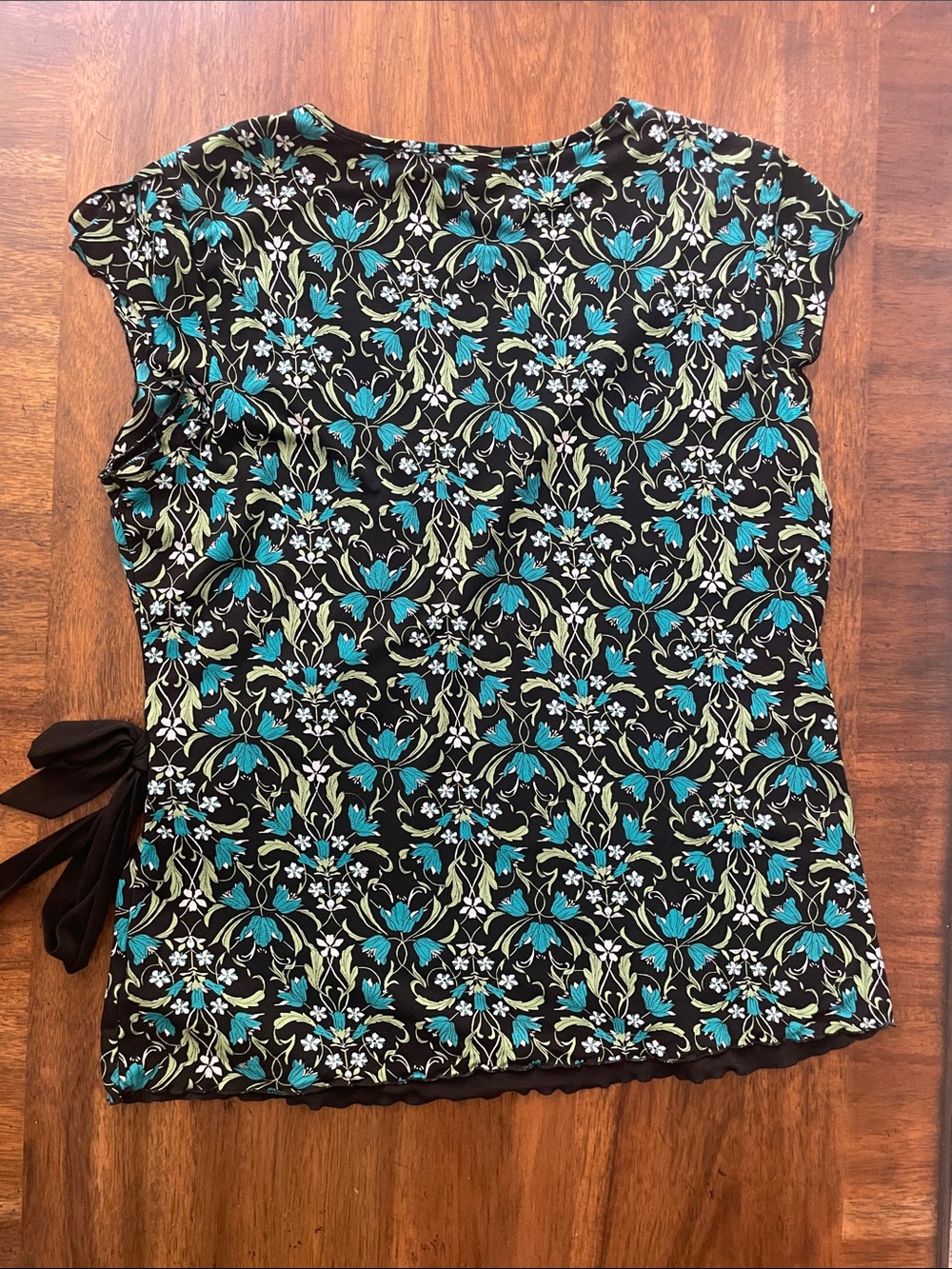 Style & Co. Black Floral Wrap Top with Teal and Green Print - Picture 2 of 9